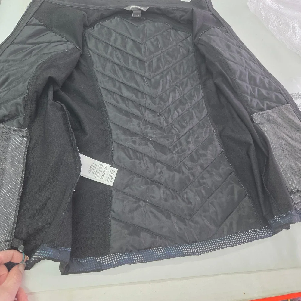 Eddie Bauer Puffer Vest Womens Medium Black Blue Digital Camo Hybrid Quilted Zip